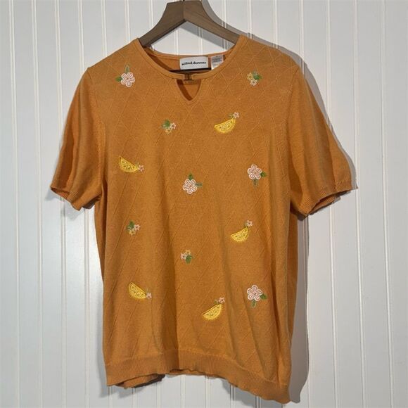 Alfred Dunner XL Orange Knit Sweater Lemon Slice Floral Embroidered Top Retro - Picture 1 of 7